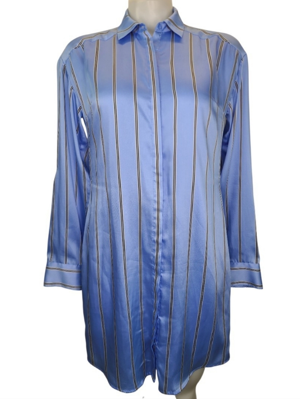 Express Pale Blue Satin Vertical Black White Striped Tunic Shirt Dress Y2K